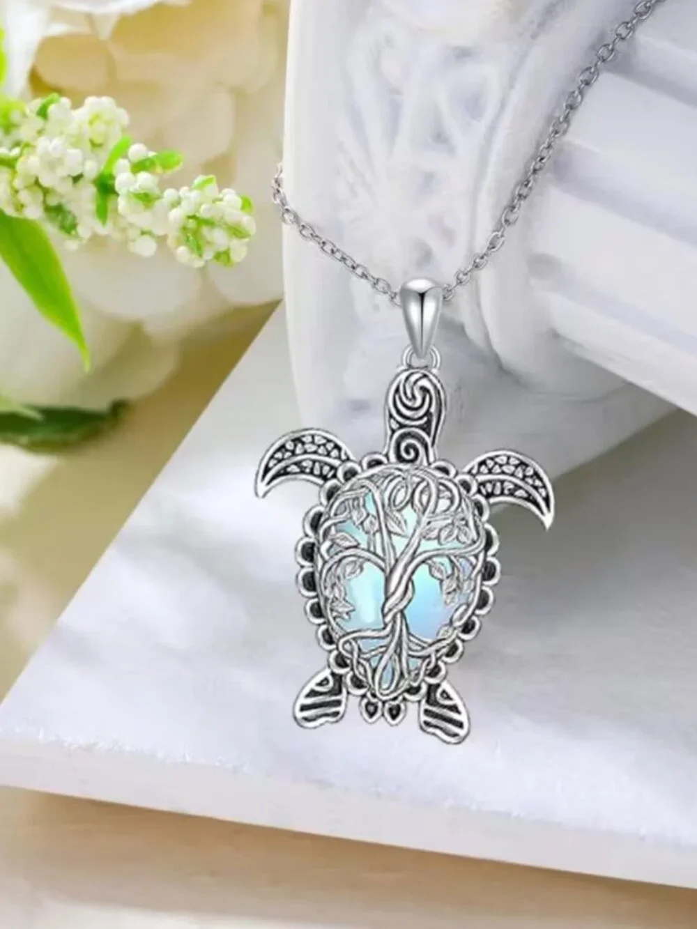 Silver Zinc Alloy Faux Moonstone Tree of Life Sea Turtle Pendant Necklace NWT